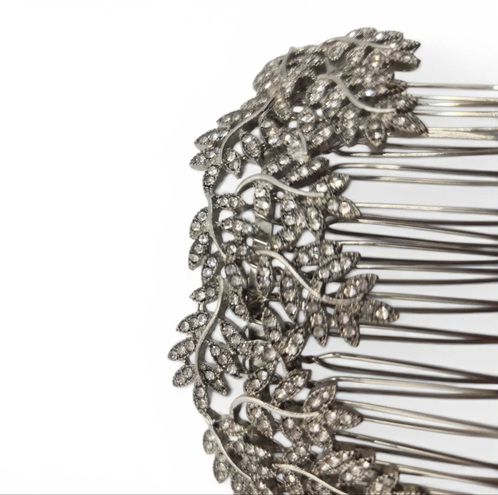 Vintage Style Rhinestone Leaves Silvertone Style Metal Hair Comb